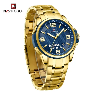 NAVIFORCE 9215 Men Wristwatch Top Brand Luxury Waterproof Watch Original Stainless Steel Sport Military Quartz Male Clock - Golden Blue